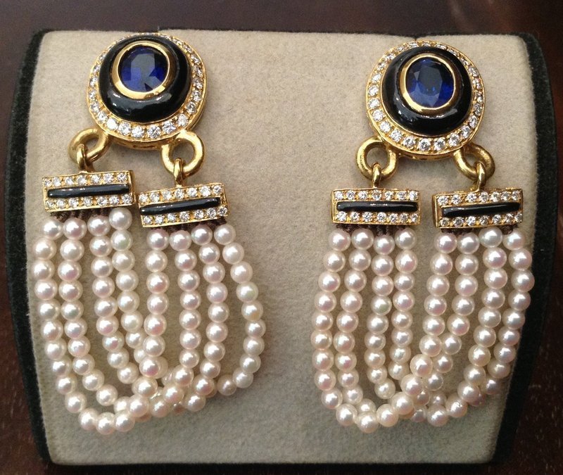 Sophisticated Baby Dangling Pearl Earrings with Sapphires &amp; Diamonds