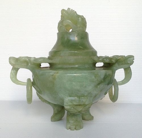 FINELY CARVED  CHINESE GREEN JADEITE JADE CENSER, 19th Century