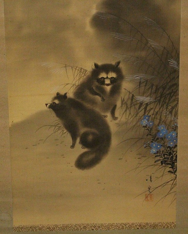 ANTIQUE SCROLL DEPICTING 2 JAPANESE RACOON DOGS (TANUKI), SIGNED/SEAL