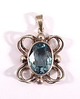 ANTIQUE GENUINE EUROPEAN FACETED AQUAMARINE/SILVER PENDANT