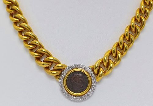 18K. GOLD NECKLACE WITH ANCIENT ORIGINAL ROMAN COIN AND DIAMONDS