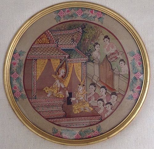 ORIGINAL THAI PAINTING OF JAKATA TALES FRAMED WITH THAI SILK/GOLD LEAF