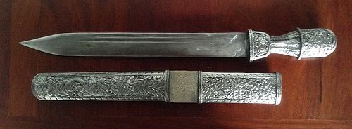 RARE ANTIQUE TIBETAN SILVER SWORD WITH CARVINGS, 19TH CENTURY