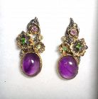 EXCEPTIONAL EARRINGS WITH GENUINE CABOCHON AMETHYSTS AND TOURMALINES