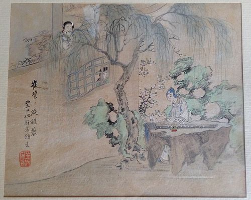 CHINESE QING DYNASTY PAINTING DEPICTING GUZHENG PLAYER IN A GARDEN
