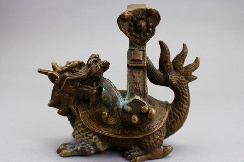 ANTIQUE CHINESE BRONZE KIRIN-TURTLE WITH BACK HOOK