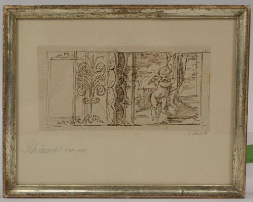 BAROQUE DRAWING OF PUTTO WITH HARP AGAINST A TREE