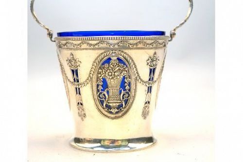 European Classicism Silver Basket with Blue Glass inlay, 19th Cent.