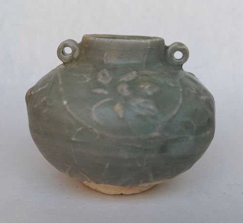 A RARE GLAZED GENUINE SONG CELADON POT WITH MOLDED FLOWERS & LOOPS.