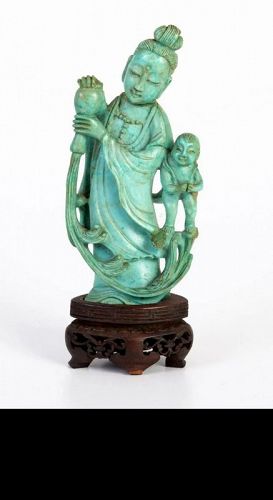 QING DYNASTY HAND CARVED GENUINE TURQUOISE DEITY WITH BABY, ca.1850