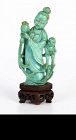 QING DYNASTY HAND CARVED GENUINE TURQUOISE DEITY WITH BABY, ca.1850