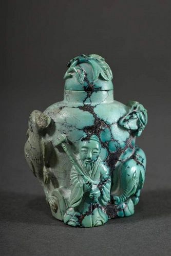 QING DYNASTY GENUINE TURQUOISE FINELY HAND CARVED SNUFF BOTTLE