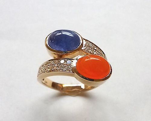Genuine Cabochon Tanzanite/Cabochon Fire   Opal & Diamond Ring