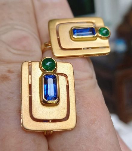 Exquisite 1-of-a-kind 18K GOLD EARRINGS with BLUE SAPPHIRES & EMERALDS