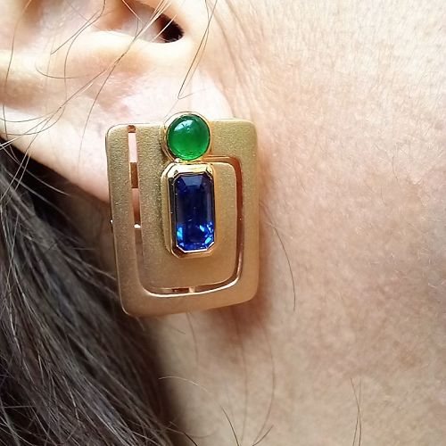 18K.Gold Earrings with Blue Sapphires and Emeralds