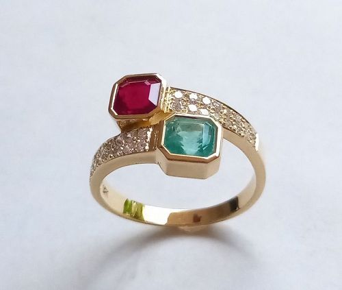 TOI-et-MOI Genuine Ruby, Emerald & Diamond Ring, 18K. Gold