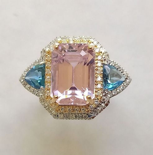 TOP 2-Tone 18K. Gold Ring with Pink Kunzite, Blue Topaz and Diamonds