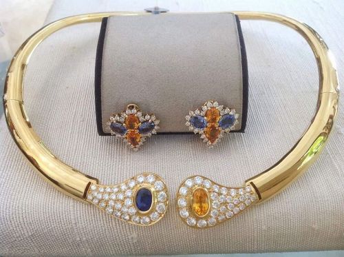 One of-a-kind 18K. Gold Tubing Necklace with  Sapphires & Diamonds!
