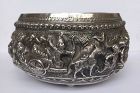 GENUINE HANDMADE EMBOSSED SILVER BOWL DEPICTING RAMAYANA SCENES, THAI