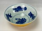 Delicate KANGXI Blue & White Bowl with SGRAFFITO DEEP YELLOW DRAGON