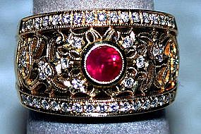 18K Gold Filigree Ring with Burma Ruby and Diamonds
