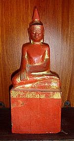 Wooden Lanna Thai Buddha, 19th Cent. Red/Gold Patina