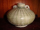 SONG Celadon Vase China, w. loops/incised band decor