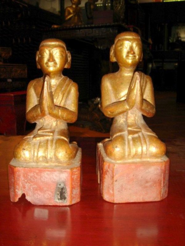 Pair of 19th Century Wooden Disciples, Burma