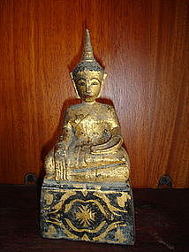 Unusual ethnic Lanna Wooden gilt Buddha, 19th Cent.