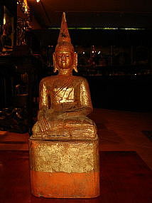 Lanna Thai Wooden Buddha with cinnabar red/gold patina