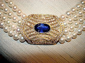 4 -Strand Pearl/Sapphire/Pave Diamond Necklace 18K Gold