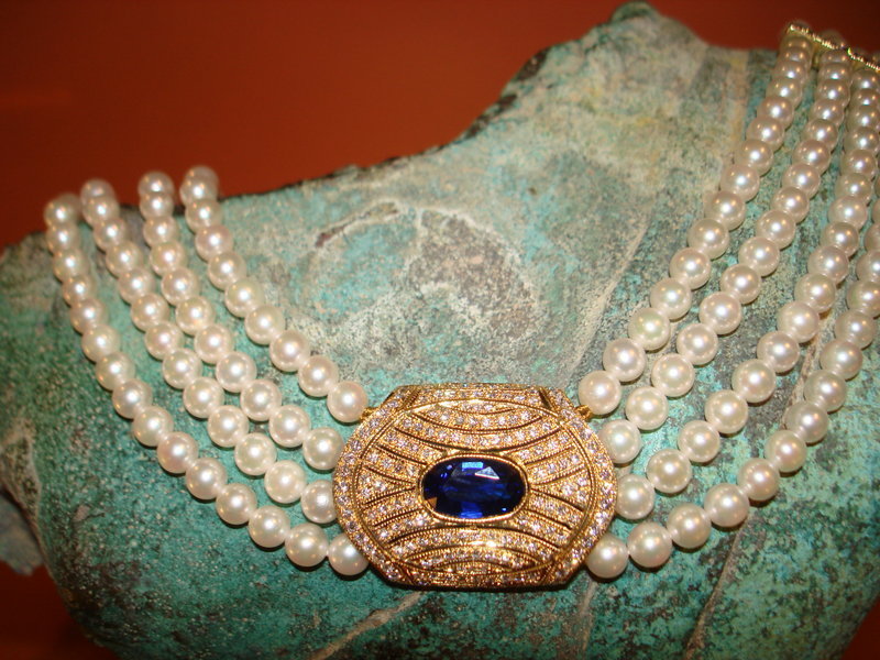 4 -Strand Pearl/Sapphire/Pave Diamond Necklace 18K Gold