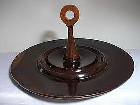 Vintage Woodturning Round Tray w/Handle