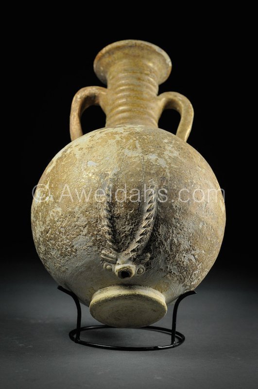 Parthian glazed pottery wine rython flask, 2nd AD