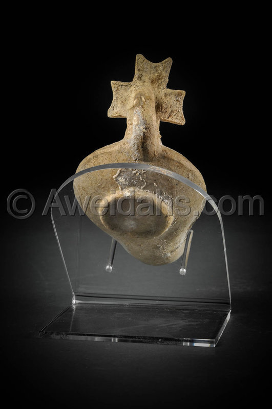 Byzantine pottery oil lamp with a cross-shaped handle, 500 A.D.