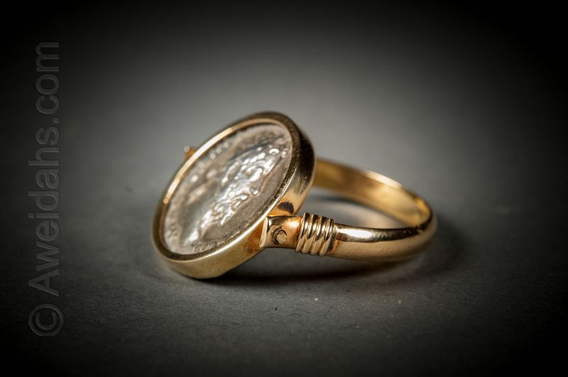 Ancient Roman silver denarius set in 18K gold jewelry ring