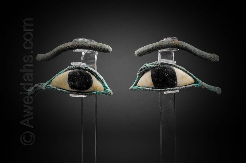 PAIR OF ANCIENT EGYPTIAN BRONZE AND ALABASTER EYES, 600 BC