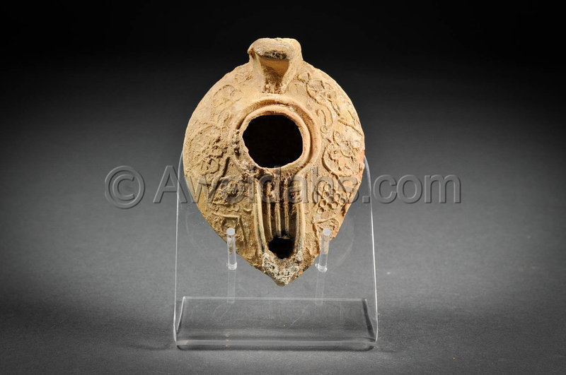 Islamic decorated pottery oil lamp, 800 AD