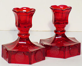 Fostoria Red Coin Single Candlesticks