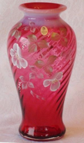 Fenton Cranberry Spiral Optic 10" Vase