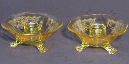 Fostoria Three-Toed Candlesticks with June Etching, Topaz