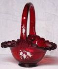 Fenton Red Basket w/Hand Painted Holly