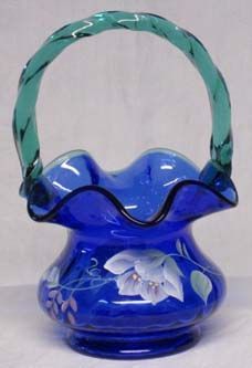 Fenton Basket Hand-Painted, Signed, Royal Blue and Teal Twisted Handle