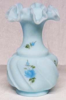 Fenton Blue Satin Vase, Hand Painted