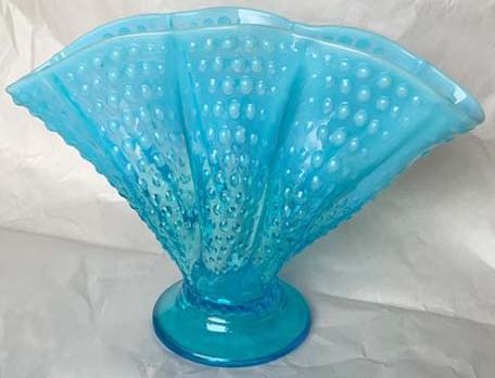 Fenton Blue Opalescent 8&quot; Hob Nail Fan Vase