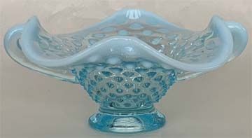 Fenton Blue Opalescent Hob Nail Handled Mini Bowl