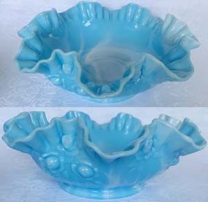 Fenton Blue Marbled 9.5" Bowl -- Roses