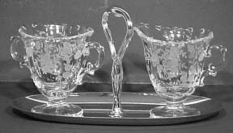 Fostoria Bouquet Etched Creamer &amp; Sugar with Chrome Tray