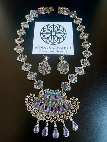 GORGEOUS! CEL 925 SILVER MEXICO ORNATE JEWELED NECKLACE