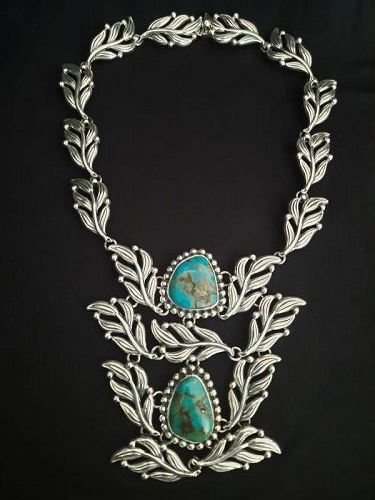 Superb! Melesio Villareal Taxco 950 silver Pectoral Turquoise Necklace